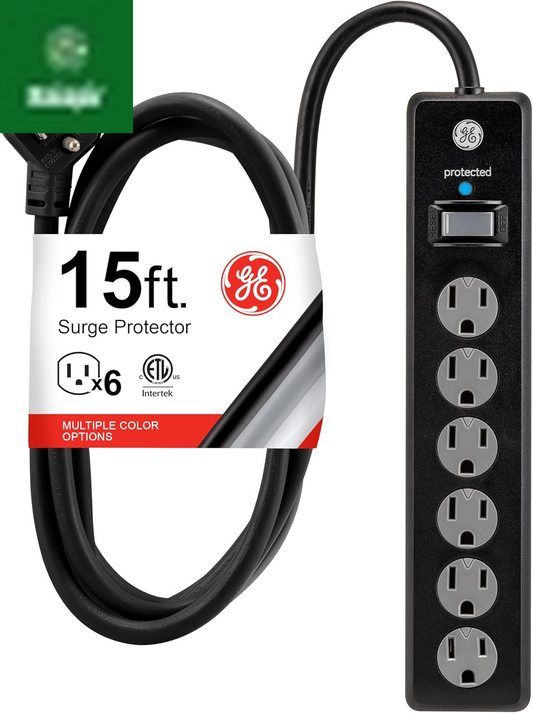 6-Outlet Sur Protector, 15 Ft Extension Cord, Power Strip, 800 Joules, Flat Plug, Twist-To-Close Safety Covers, Protected Indicator Light, UL Listed, Black, 50767
