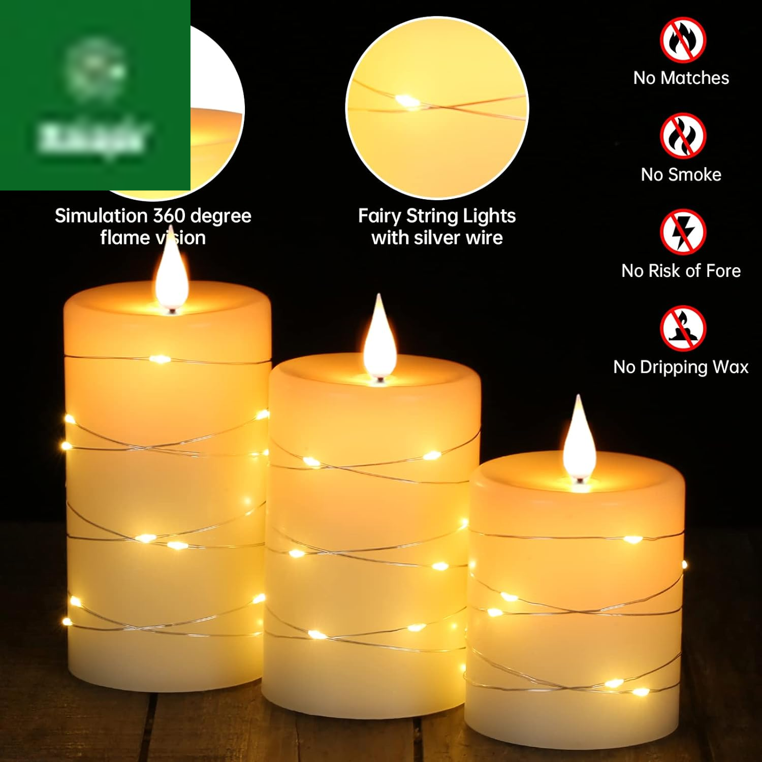 Flameless Candles with String Lights，Battery Operated Candles,Led Flickering Candles with Remote Control and Timer, Real Wax, 3 Pack-Ivory