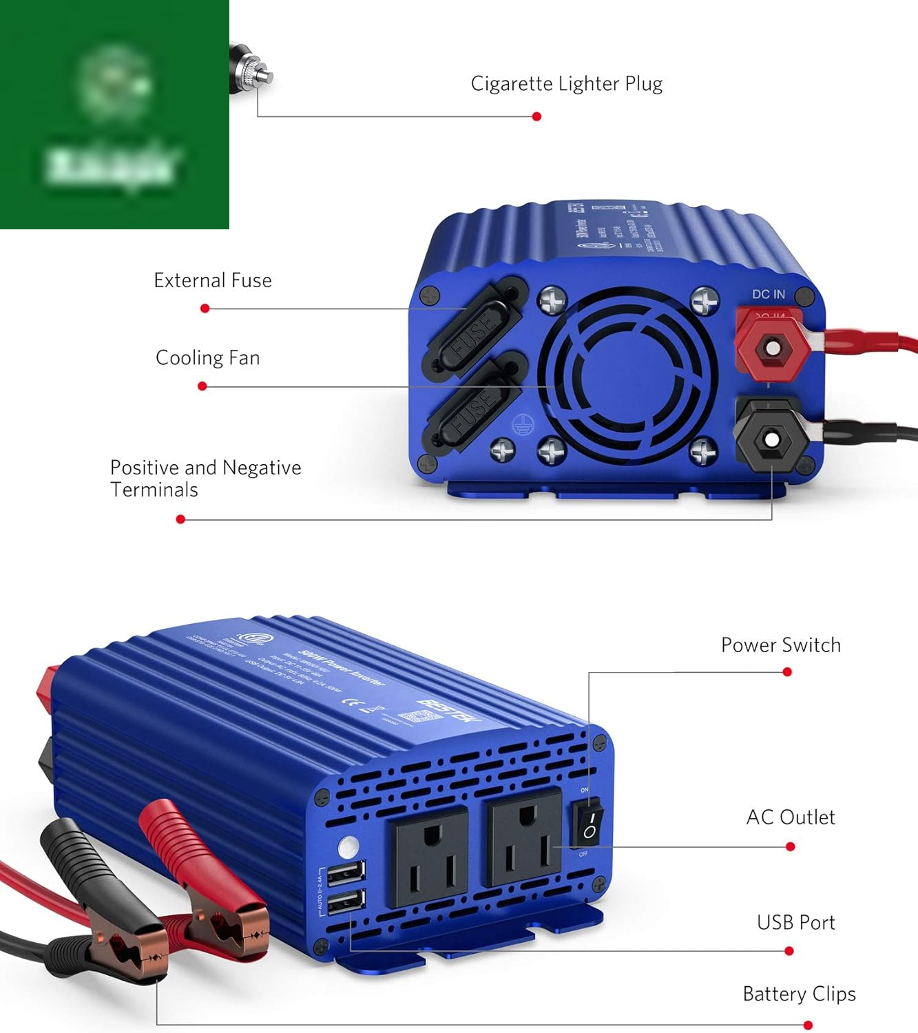500W Power Inverter DC 12V to 110V AC Converter with 4.8A Dual USB Car Charger ETL Listed (Blue)