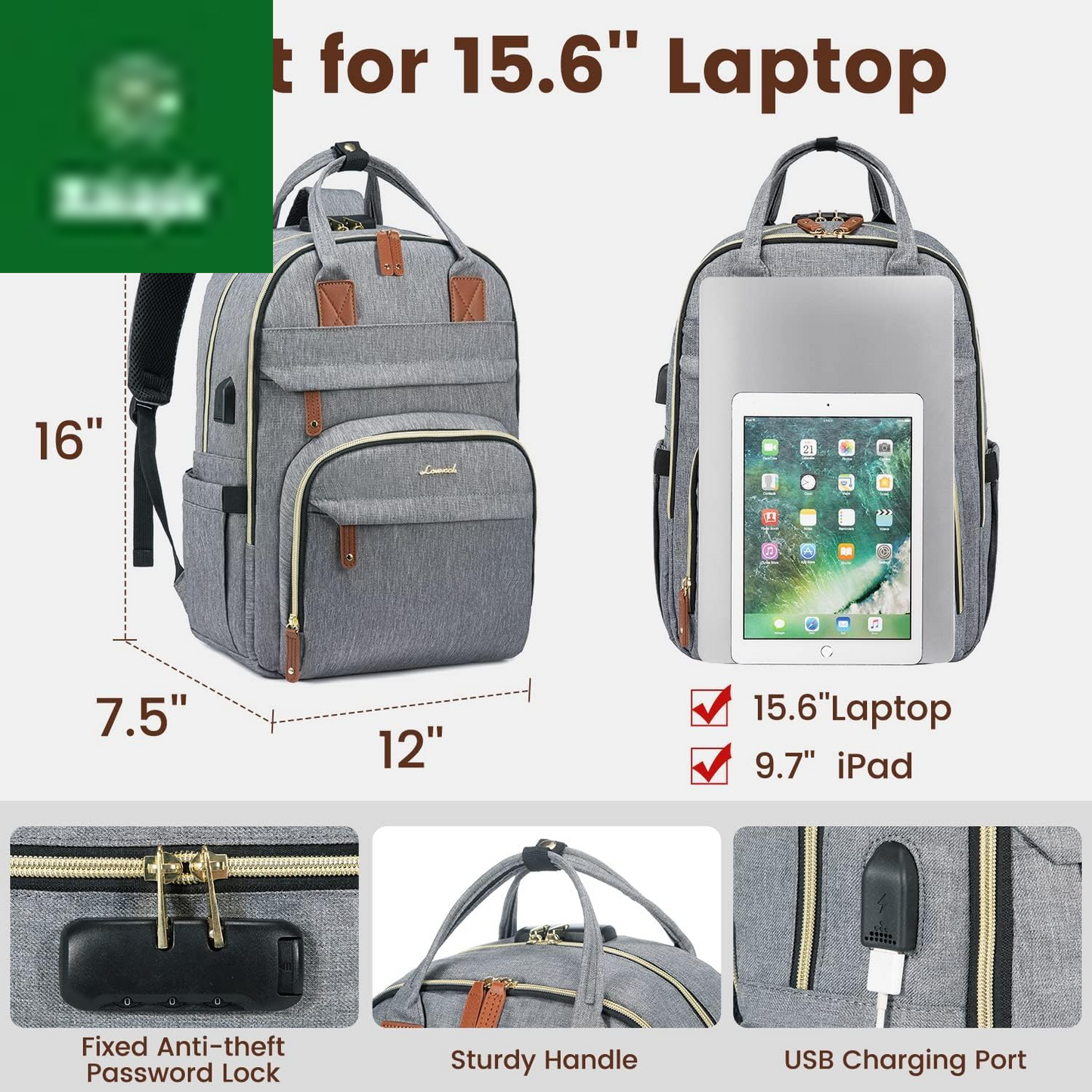 Laptop Backpack for Women & Men, Unisex Travel Anti-Theft Work Bag, Business Computer College Backpacks Purse, Casual Hiking Outdoor Carry on Daypack with Lock, Fits 15.6 Inch Laptop, Grey