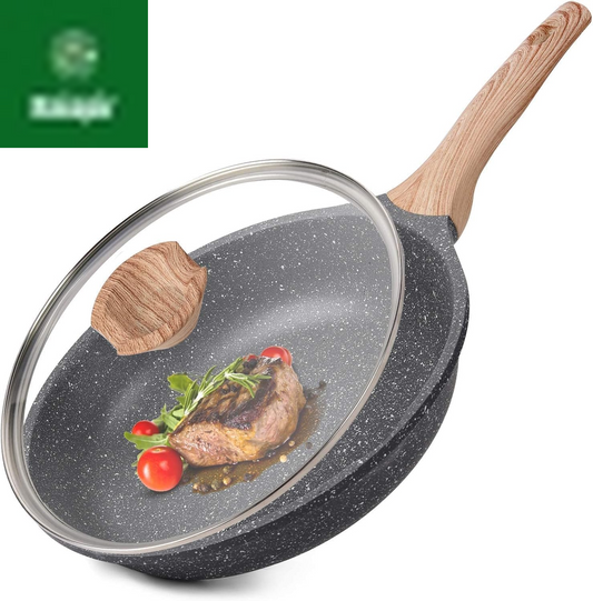 Nonstick Granite Frying Pan Skillet, Non Stick Omelette Fry Pans, Omelet Egg Pan, Stone Cookware Chef'S Pan, Induction Compatible, PFOA Free (Gray, 9.5 Inch with Lid)