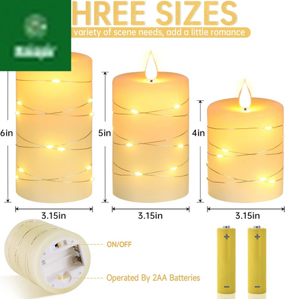 Flameless Candles with String Lights，Battery Operated Candles,Led Flickering Candles with Remote Control and Timer, Real Wax, 3 Pack-Ivory