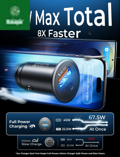 67.5W Super Mini Car Charger USB C 45W PD&QC 3.0 Fast Charging, All Metal Cigarette Lighter Adapter Car Charger Adapter Outlet for Iphone 17 Pro Max Air 16 15 14 13, Samsung Galaxy S25,Android