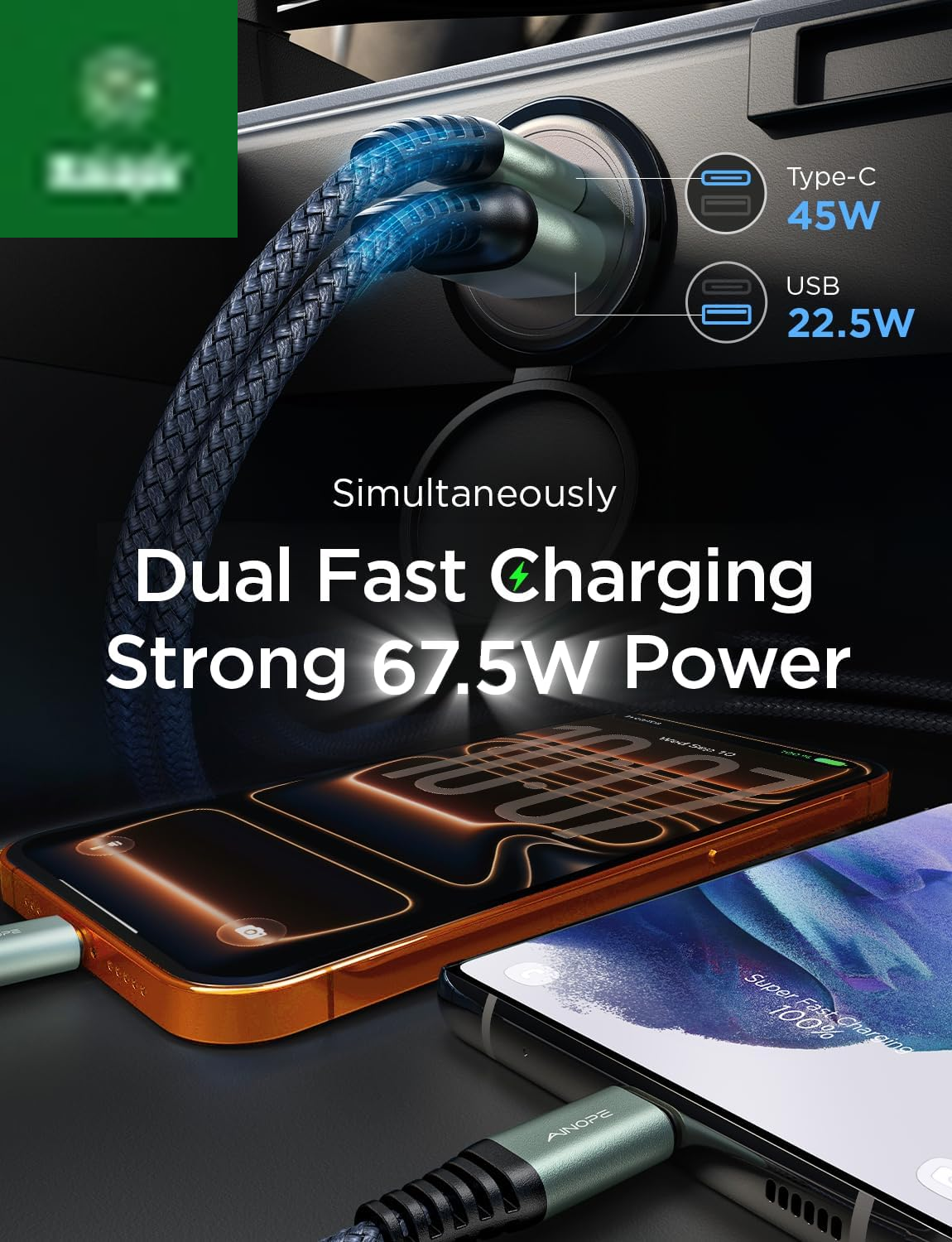 67.5W Super Mini Car Charger USB C 45W PD&QC 3.0 Fast Charging, All Metal Cigarette Lighter Adapter Car Charger Adapter Outlet for Iphone 17 Pro Max Air 16 15 14 13, Samsung Galaxy S25,Android
