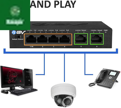 -Tech 6 Port Poe+ Switch (4 Poe+ Ports with 2 Ethernet Uplink and Extend Function) – 60W – 802.3At + 1 High Power Poe Port| Desktop Fanless Design | Plug & Play | Sturdy Metal Housing