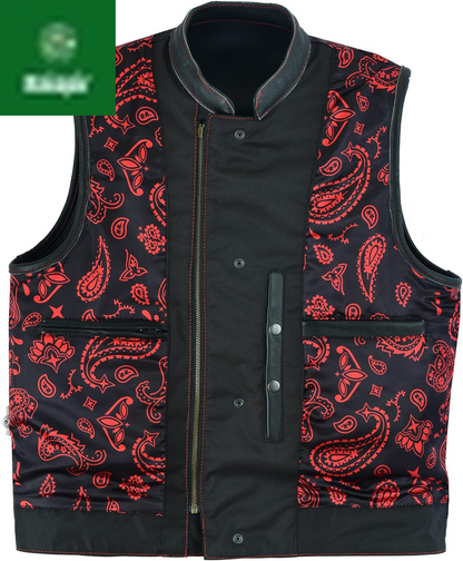 Mens Black Motorcycle Vests - SOA Club & Traditional Paisley Satin Liner Leather Biker Vests