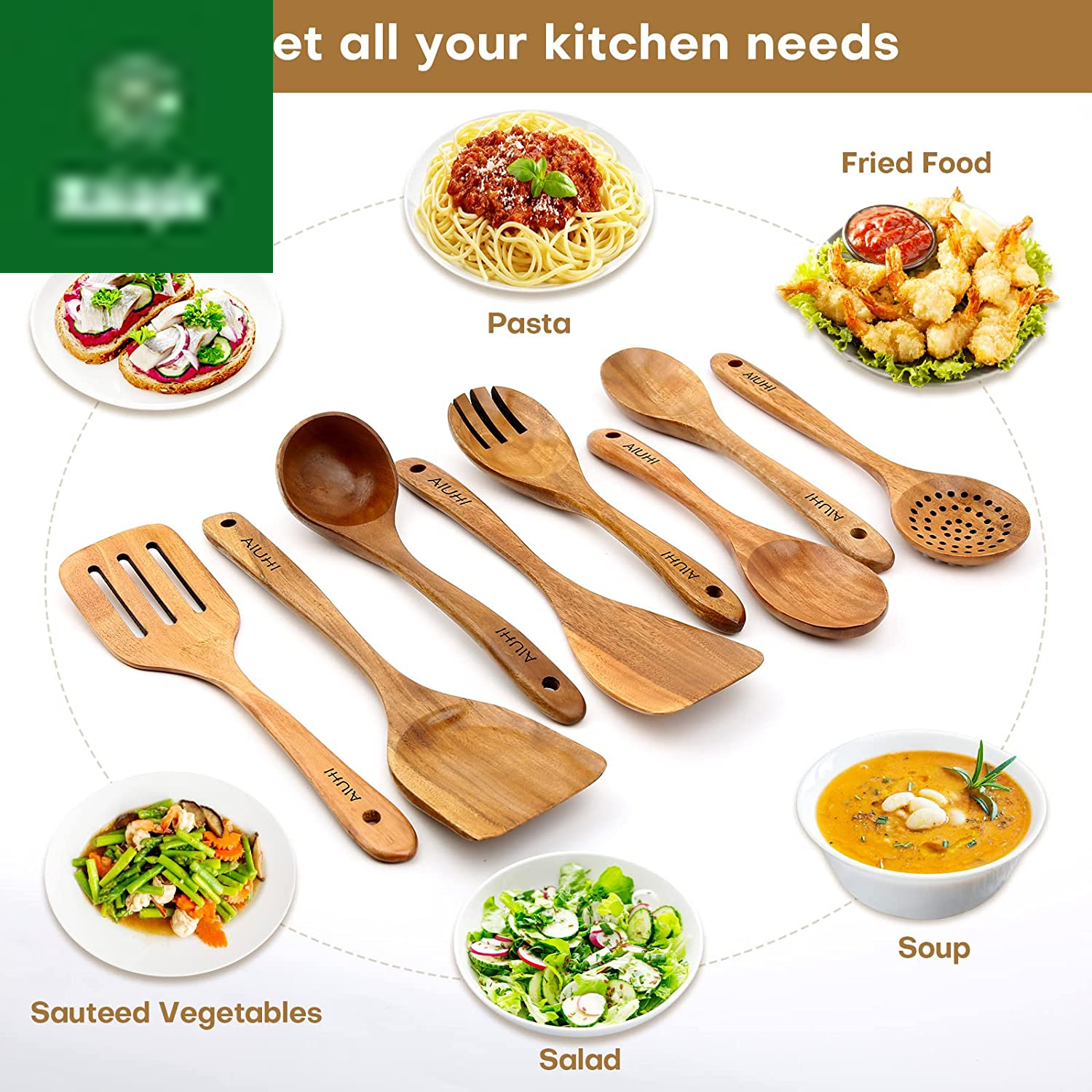 Wood Spoons for Cooking, Nonstick Kitchen Utensil Set, Wooden Spoons Cooking Utensil Set Non Scratch Natural Teak Wooden Utensils for Cooking (Teak 8 Pack)