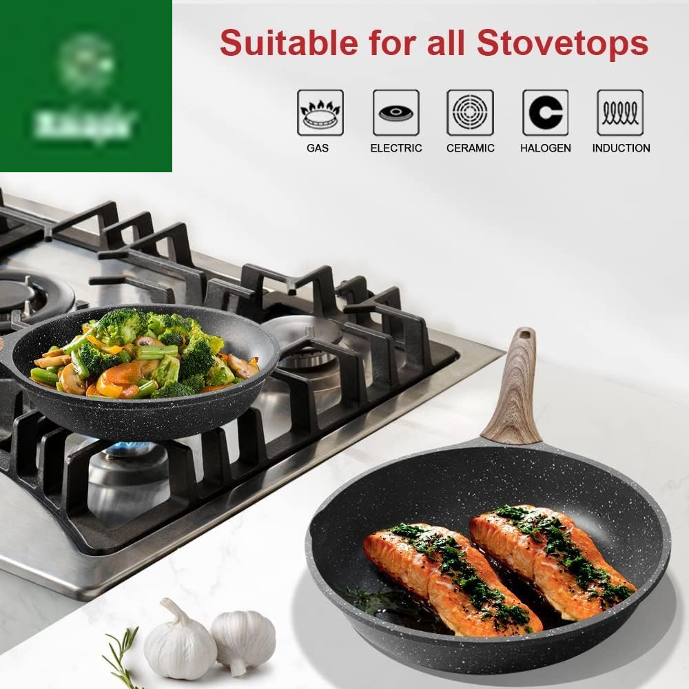 Nonstick Granite Frying Pan Skillet, Non Stick Omelette Fry Pans, Omelet Egg Pan, Stone Cookware Chef'S Pan, Induction Compatible, PFOA Free (Gray, 9.5 Inch with Lid)