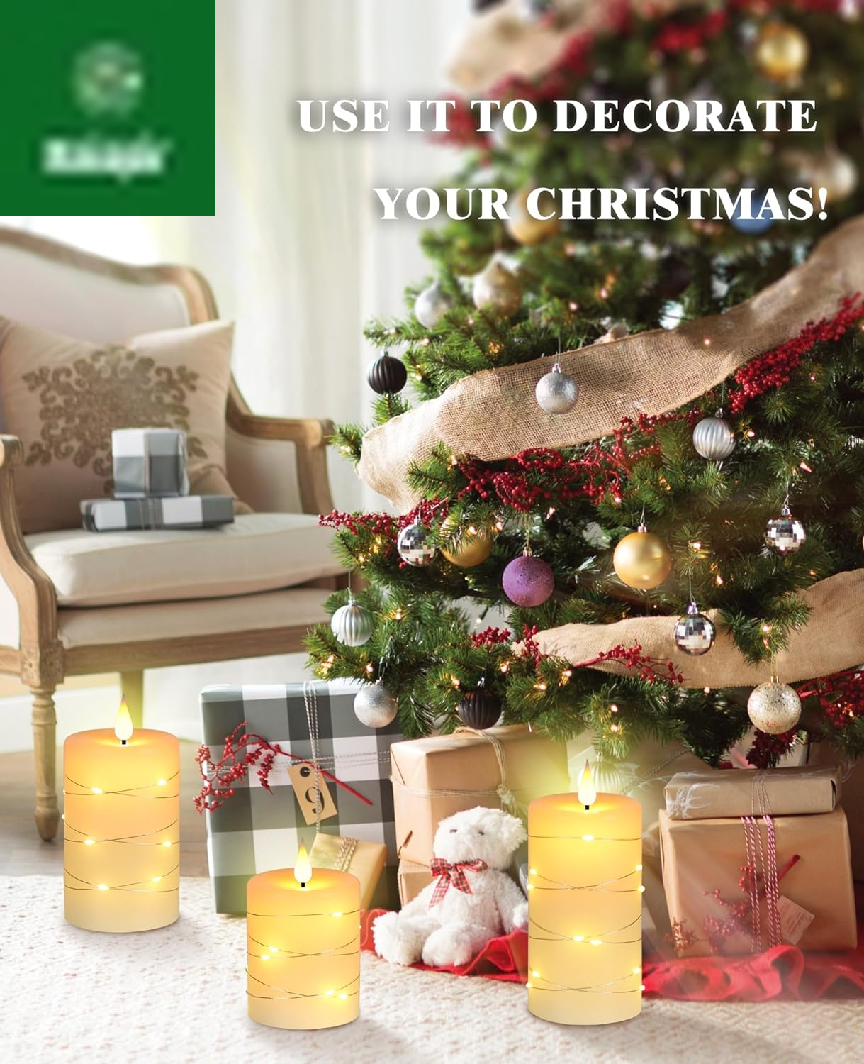 Flameless Candles with String Lights，Battery Operated Candles,Led Flickering Candles with Remote Control and Timer, Real Wax, 3 Pack-Ivory