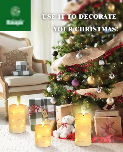 Flameless Candles with String Lights，Battery Operated Candles,Led Flickering Candles with Remote Control and Timer, Real Wax, 3 Pack-Ivory