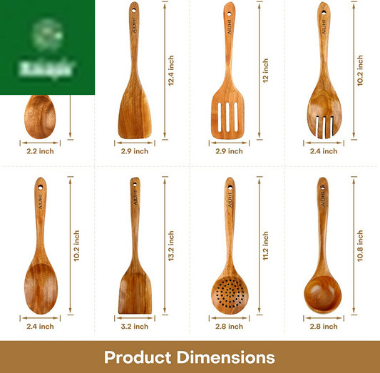 Wood Spoons for Cooking, Nonstick Kitchen Utensil Set, Wooden Spoons Cooking Utensil Set Non Scratch Natural Teak Wooden Utensils for Cooking (Teak 8 Pack)