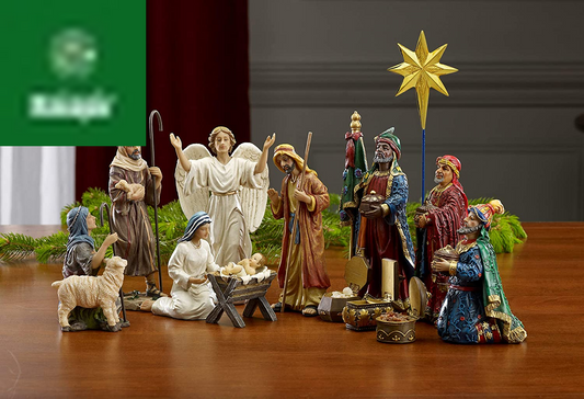 Three Kings Gifts Magi, Wise Men, Christmas Star, Angel, Shepherds, Sheep, Holy Family, Jesus in Manger, Real Gold in Trunk, Nativity Scene Set & Figures, 11-Pieces, for 7 Inch Scale Collection