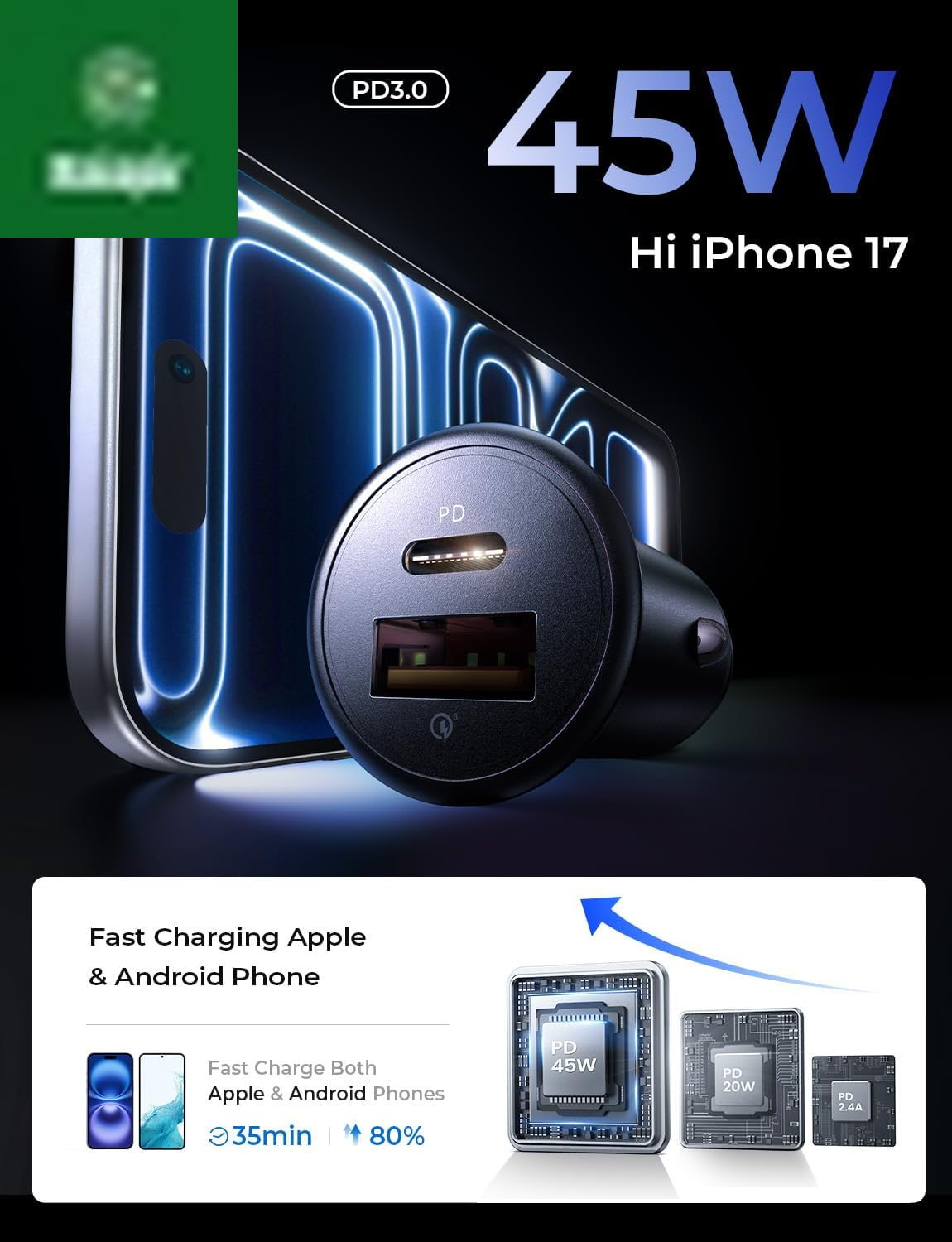 67.5W Super Mini Car Charger USB C 45W PD&QC 3.0 Fast Charging, All Metal Cigarette Lighter Adapter Car Charger Adapter Outlet for Iphone 17 Pro Max Air 16 15 14 13, Samsung Galaxy S25,Android