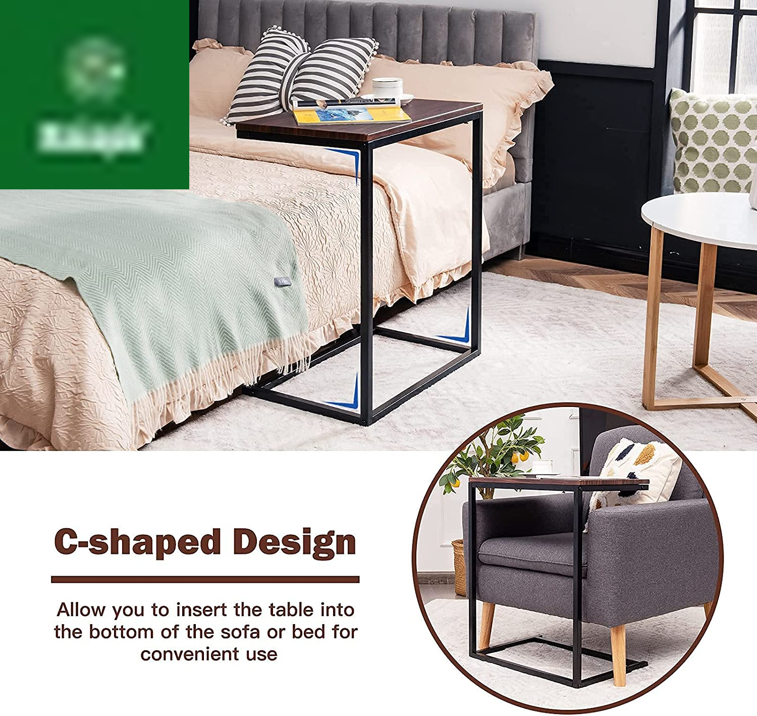 Sofa Side Table C Shaped Table, Vintage Couch Table Sofa Side Table for Coffee Snack Laptop, Living Room TV Tray End Table