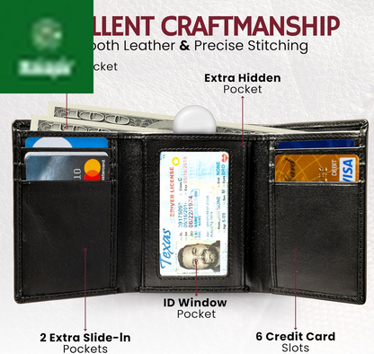 Genuine Nappa Leather Trifold Wallet for Men RFID and ID Window