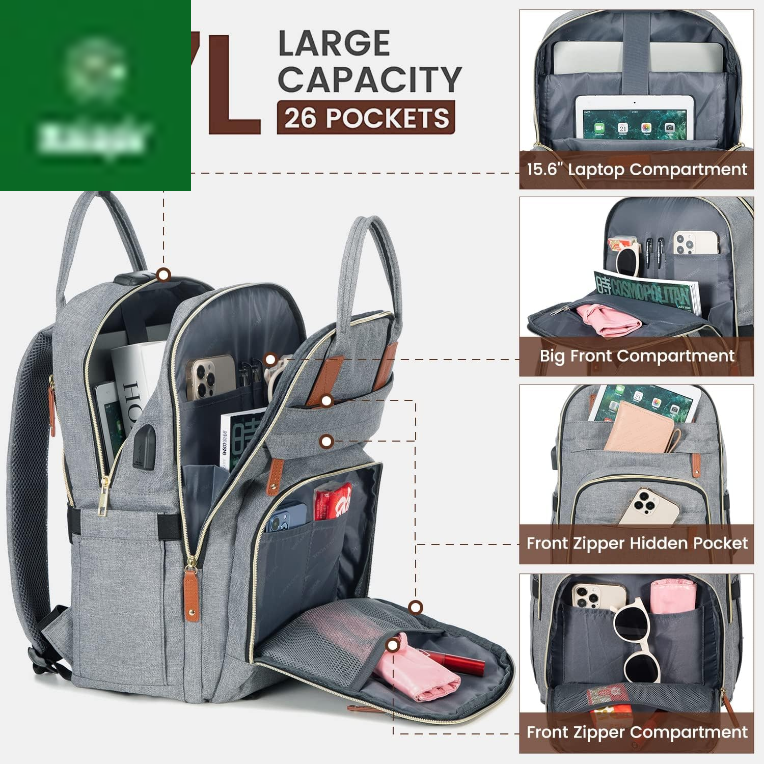 Laptop Backpack for Women & Men, Unisex Travel Anti-Theft Work Bag, Business Computer College Backpacks Purse, Casual Hiking Outdoor Carry on Daypack with Lock, Fits 15.6 Inch Laptop, Grey