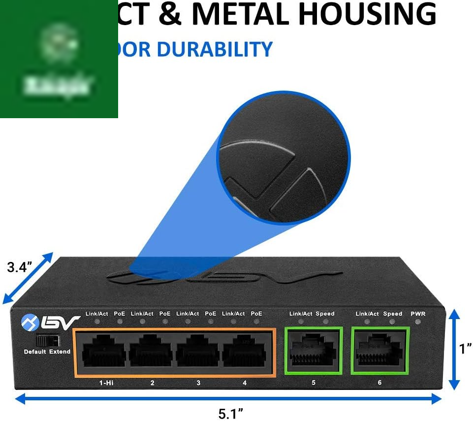 -Tech 6 Port Poe+ Switch (4 Poe+ Ports with 2 Ethernet Uplink and Extend Function) – 60W – 802.3At + 1 High Power Poe Port| Desktop Fanless Design | Plug & Play | Sturdy Metal Housing