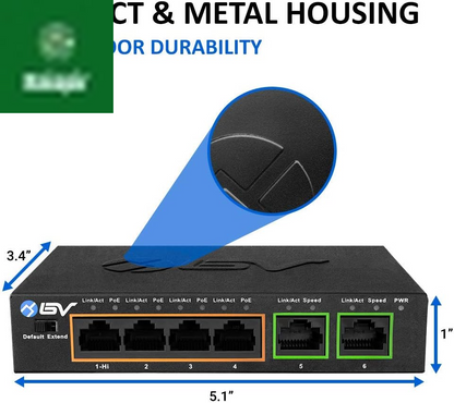 -Tech 6 Port Poe+ Switch (4 Poe+ Ports with 2 Ethernet Uplink and Extend Function) – 60W – 802.3At + 1 High Power Poe Port| Desktop Fanless Design | Plug & Play | Sturdy Metal Housing