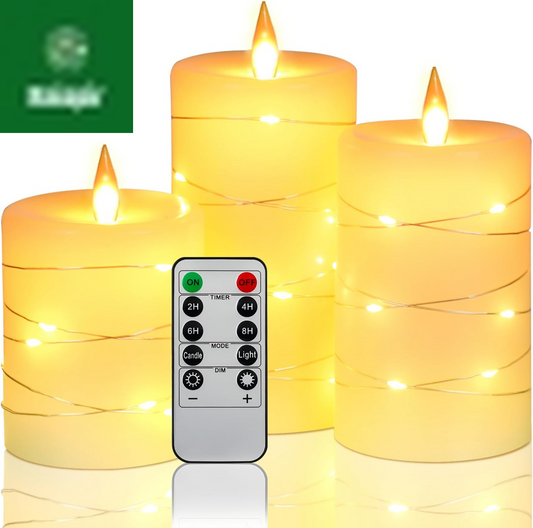 Flameless Candles with String Lights，Battery Operated Candles,Led Flickering Candles with Remote Control and Timer, Real Wax, 3 Pack-Ivory