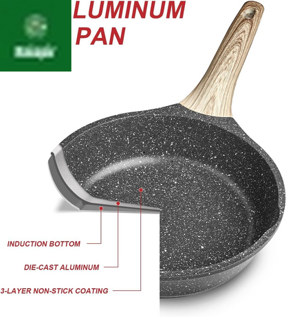 Nonstick Granite Frying Pan Skillet, Non Stick Omelette Fry Pans, Omelet Egg Pan, Stone Cookware Chef'S Pan, Induction Compatible, PFOA Free (Gray, 9.5 Inch with Lid)