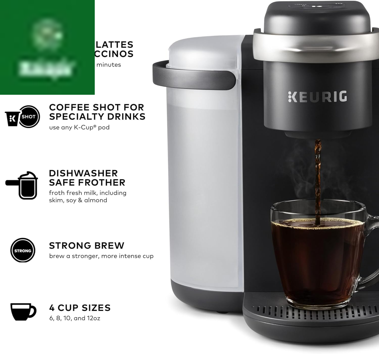 K-Cafe Single-Serve K-Cup Coffee Maker, Latte Maker and Cappuccino Maker, Comes with Dishwasher Safe Milk Frother, Coffee Shot Capability, Compatible with All  K-Cup Pods, Dark Charcoal