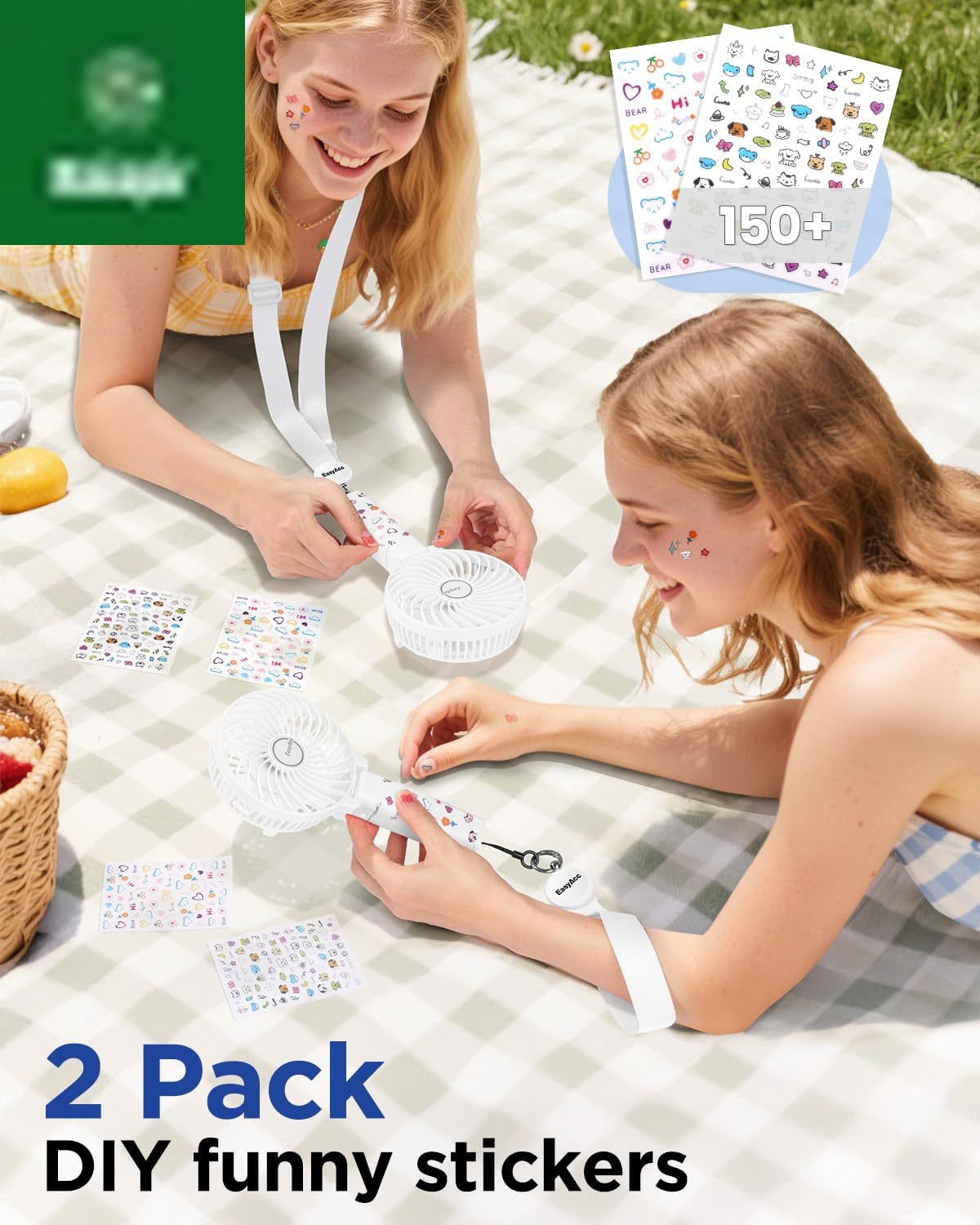 Handheld Fans [2X Crossbody Straps/2Xdiy Stickers] for Portable Fan and Phones -Up to 10H Rechargeable Foldable Hand Desktop Fan for Home and Travel - White