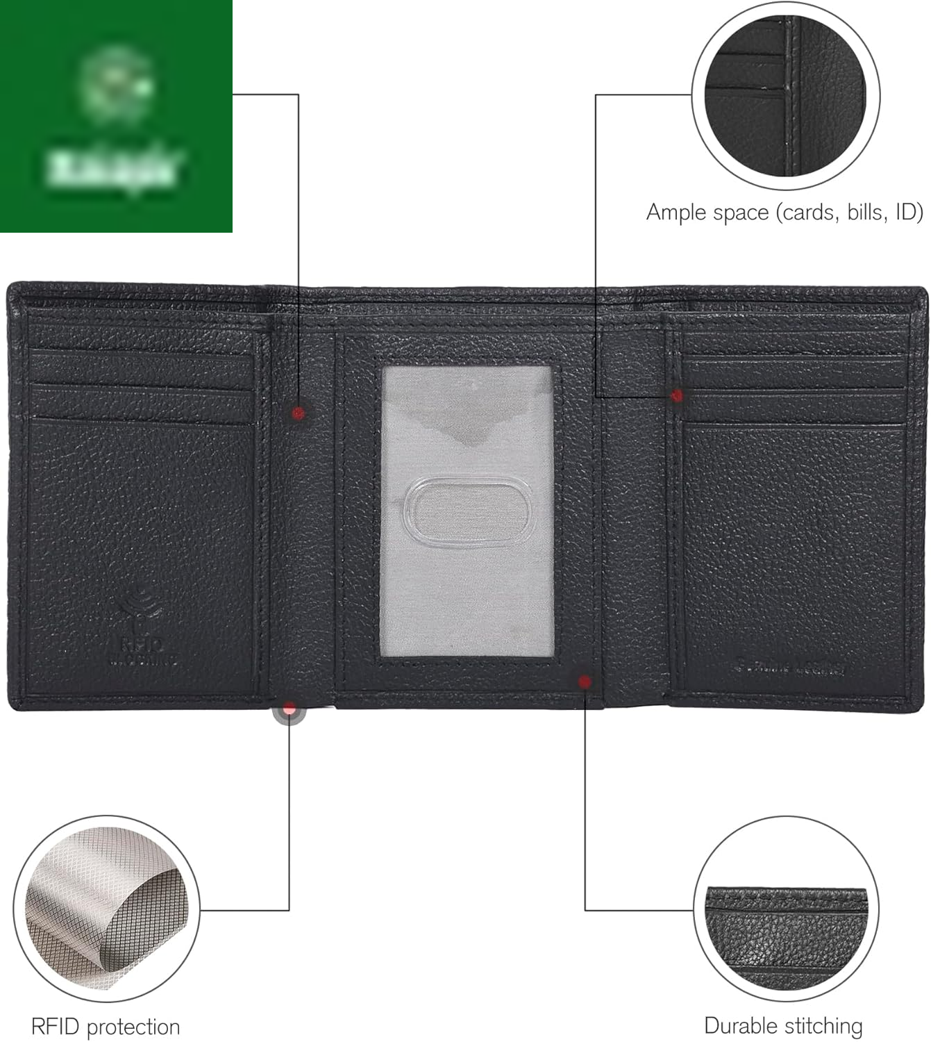 Leather Trifold Wallet for Men - RFID Blocking - 6 Card Slots, 2 Slip Pockets & 1 Front ID Window - Minimalist Design, Slim Wallet