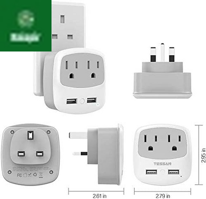 US to UK Plug Adapter, Type G Travel Adaptor with 2 USB 2 Electrical Outlets, UK Power Adapter for USA to Ireland England London Scotland British Dubai Kenya Hong Kong Qatar, 2-Pack