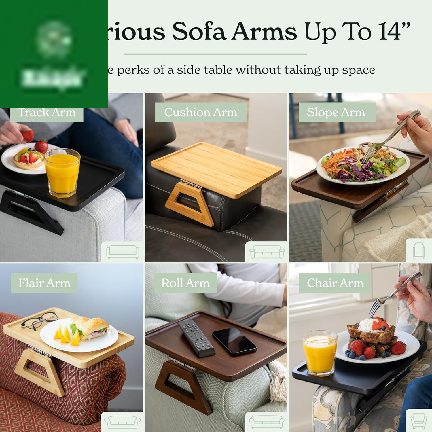 Bamboo Trayble Couch Arm Table, Clip on Tray Sofa Table for Couches. Sofa Arm Tray, Armchair Table for TV Dinners, Remotes, Drinks and Snacks - 13.75 X 9.5Inch, Brown