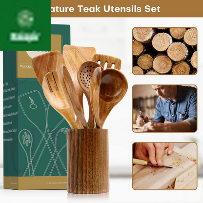 Wood Spoons for Cooking, Nonstick Kitchen Utensil Set, Wooden Spoons Cooking Utensil Set Non Scratch Natural Teak Wooden Utensils for Cooking (Teak 8 Pack)