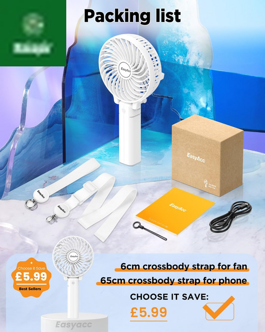 Handheld Fans [2X Crossbody Straps/2Xdiy Stickers] for Portable Fan and Phones -Up to 10H Rechargeable Foldable Hand Desktop Fan for Home and Travel - White