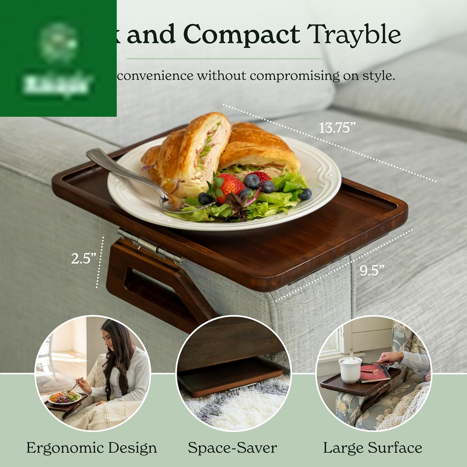 Bamboo Trayble Couch Arm Table, Clip on Tray Sofa Table for Couches. Sofa Arm Tray, Armchair Table for TV Dinners, Remotes, Drinks and Snacks - 13.75 X 9.5Inch, Brown