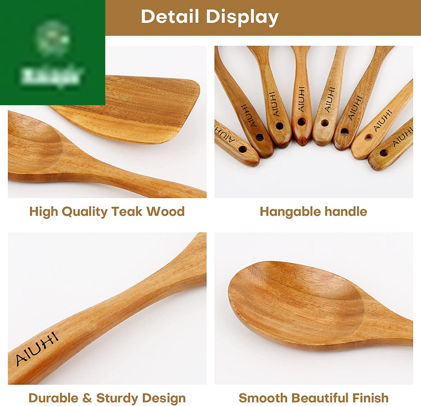 Wood Spoons for Cooking, Nonstick Kitchen Utensil Set, Wooden Spoons Cooking Utensil Set Non Scratch Natural Teak Wooden Utensils for Cooking (Teak 8 Pack)