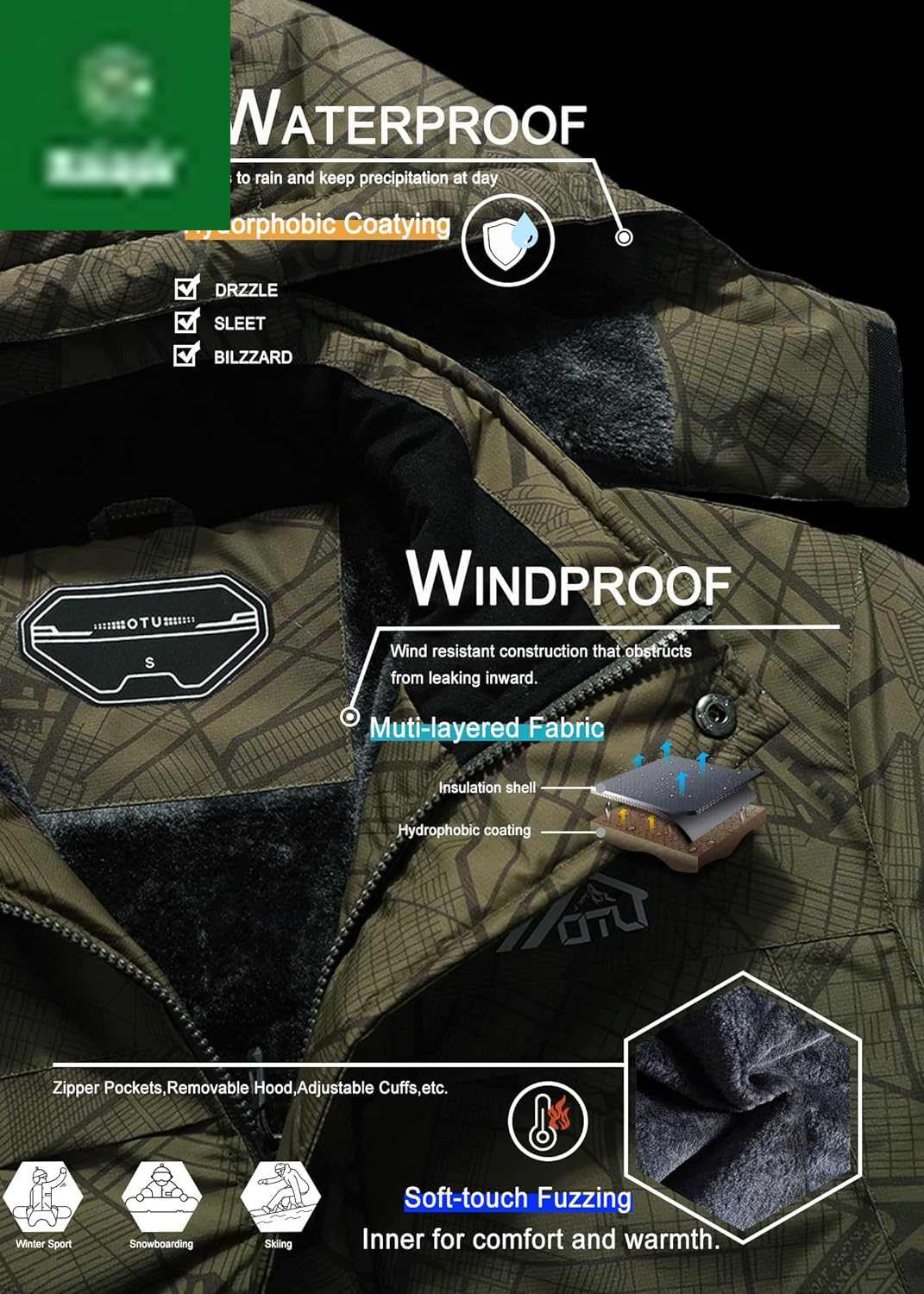 Men'S Waterproof Ski Jacket Snowboarding Windbreaker Warm Winter Hooded Mountain Snow Coat