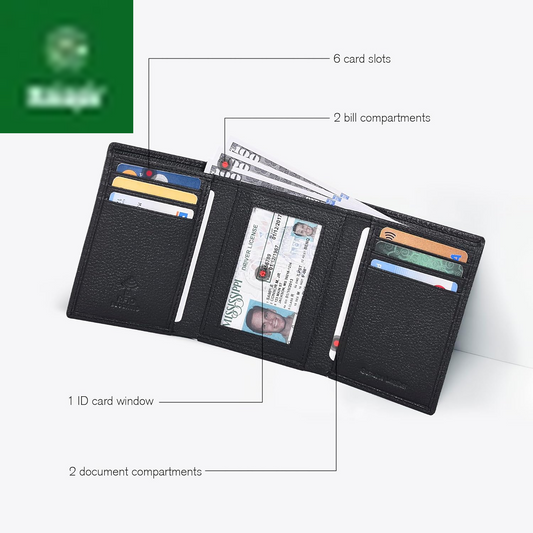Leather Trifold Wallet for Men - RFID Blocking - 6 Card Slots, 2 Slip Pockets & 1 Front ID Window - Minimalist Design, Slim Wallet