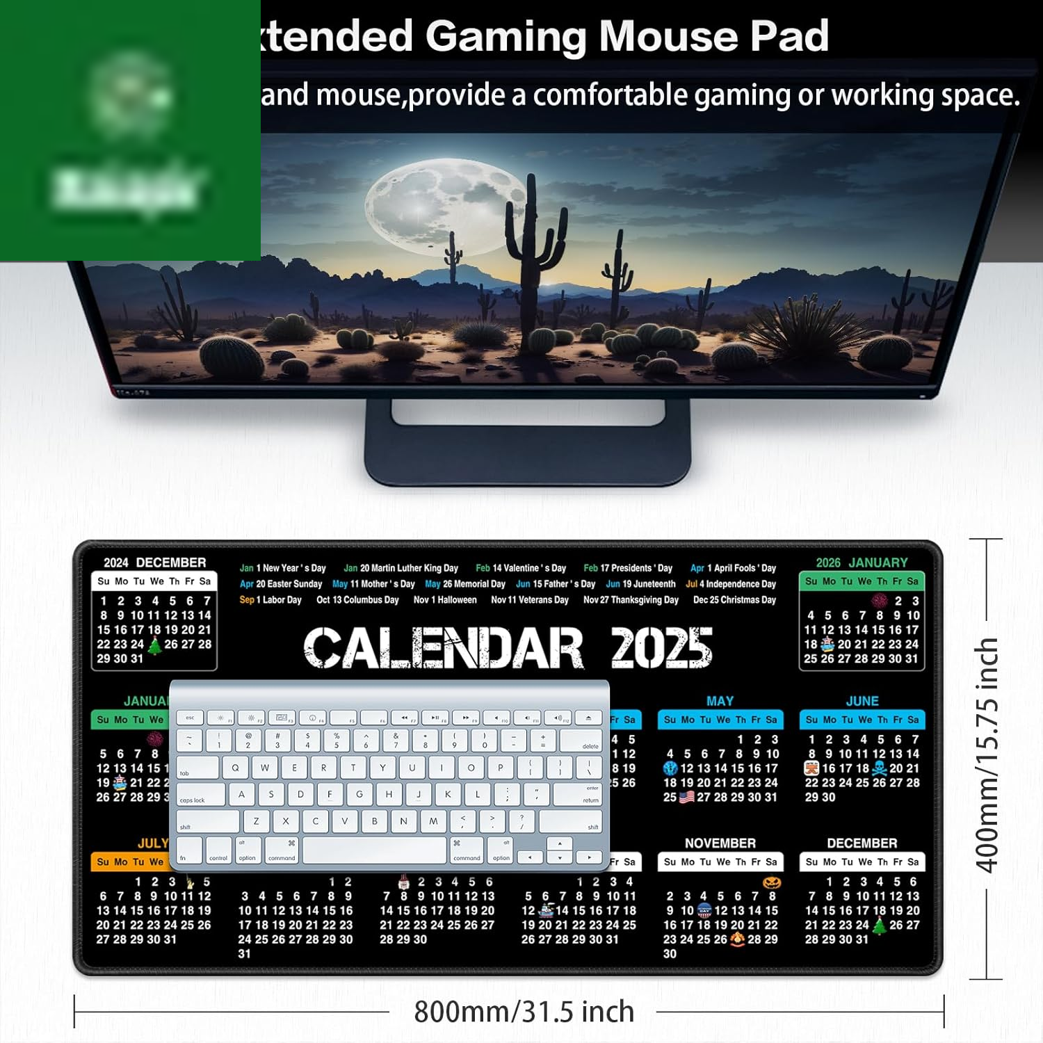 2025 Calendar Mouse Pad with Holidays, 31.5X15.7Inch Large Extended Big Computer Mousepad Premium-Textured & Waterproof Desk Mat