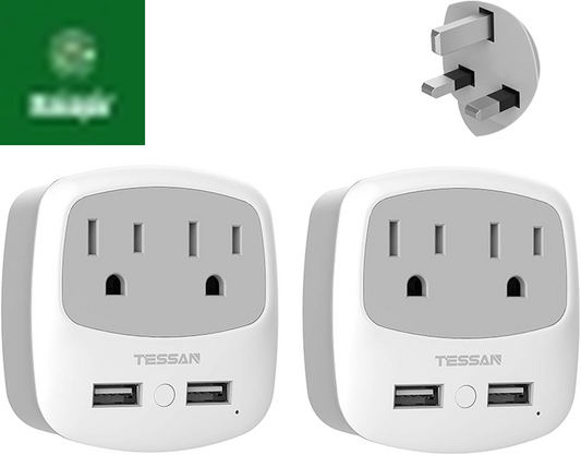 US to UK Plug Adapter, Type G Travel Adaptor with 2 USB 2 Electrical Outlets, UK Power Adapter for USA to Ireland England London Scotland British Dubai Kenya Hong Kong Qatar, 2-Pack