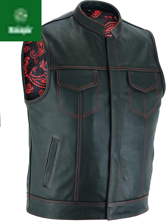 Mens Black Motorcycle Vests - SOA Club & Traditional Paisley Satin Liner Leather Biker Vests