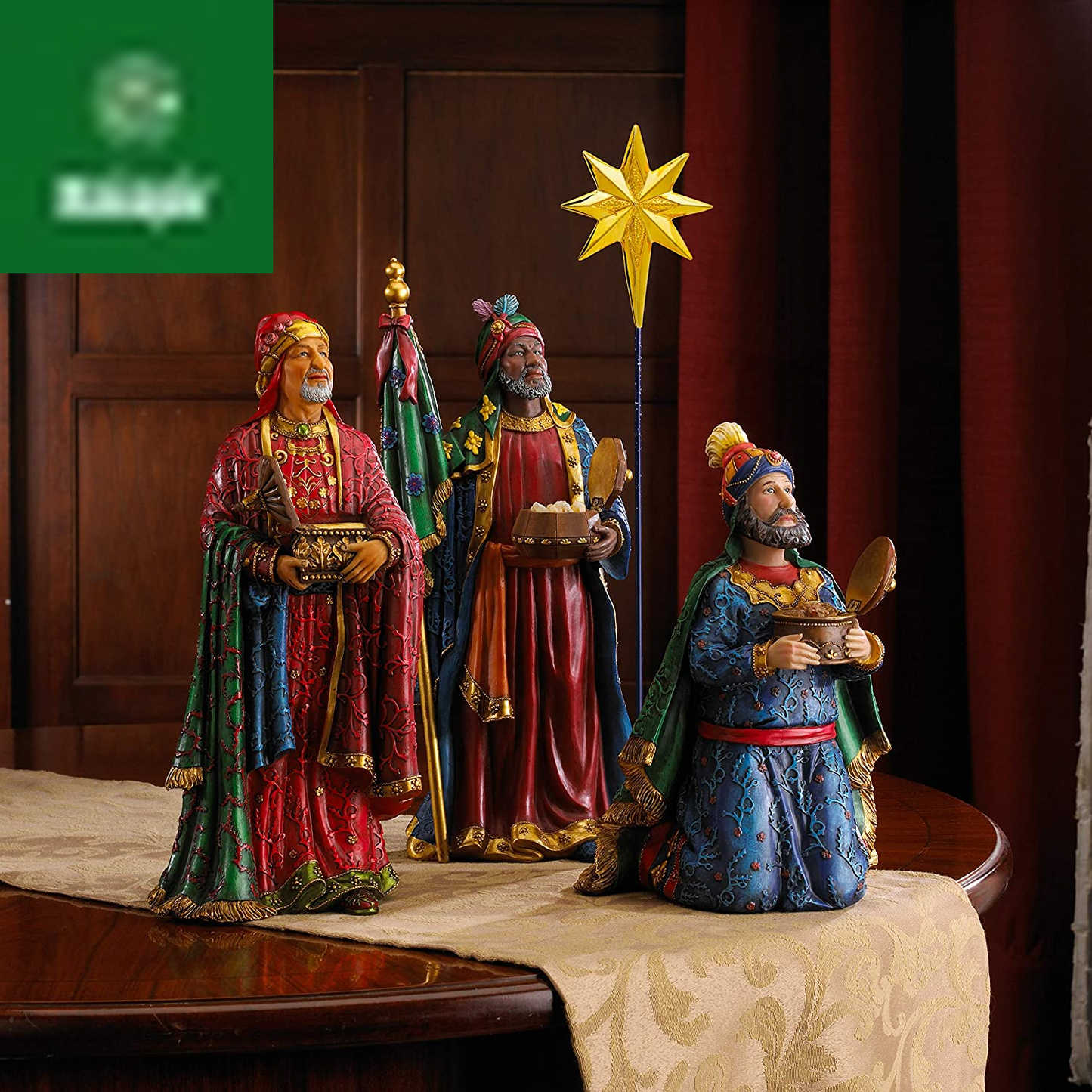 Three Kings Gifts Magi, Wise Men, Christmas Star, Angel, Shepherds, Sheep, Holy Family, Jesus in Manger, Real Gold in Trunk, Nativity Scene Set & Figures, 11-Pieces, for 7 Inch Scale Collection