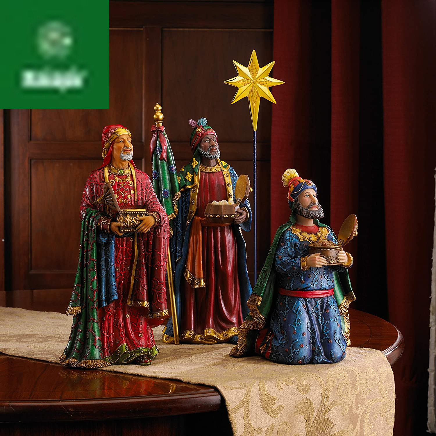 Three Kings Gifts Magi, Wise Men, Christmas Star, Angel, Shepherds, Sheep, Holy Family, Jesus in Manger, Real Gold in Trunk, Nativity Scene Set & Figures, 11-Pieces, for 7 Inch Scale Collection