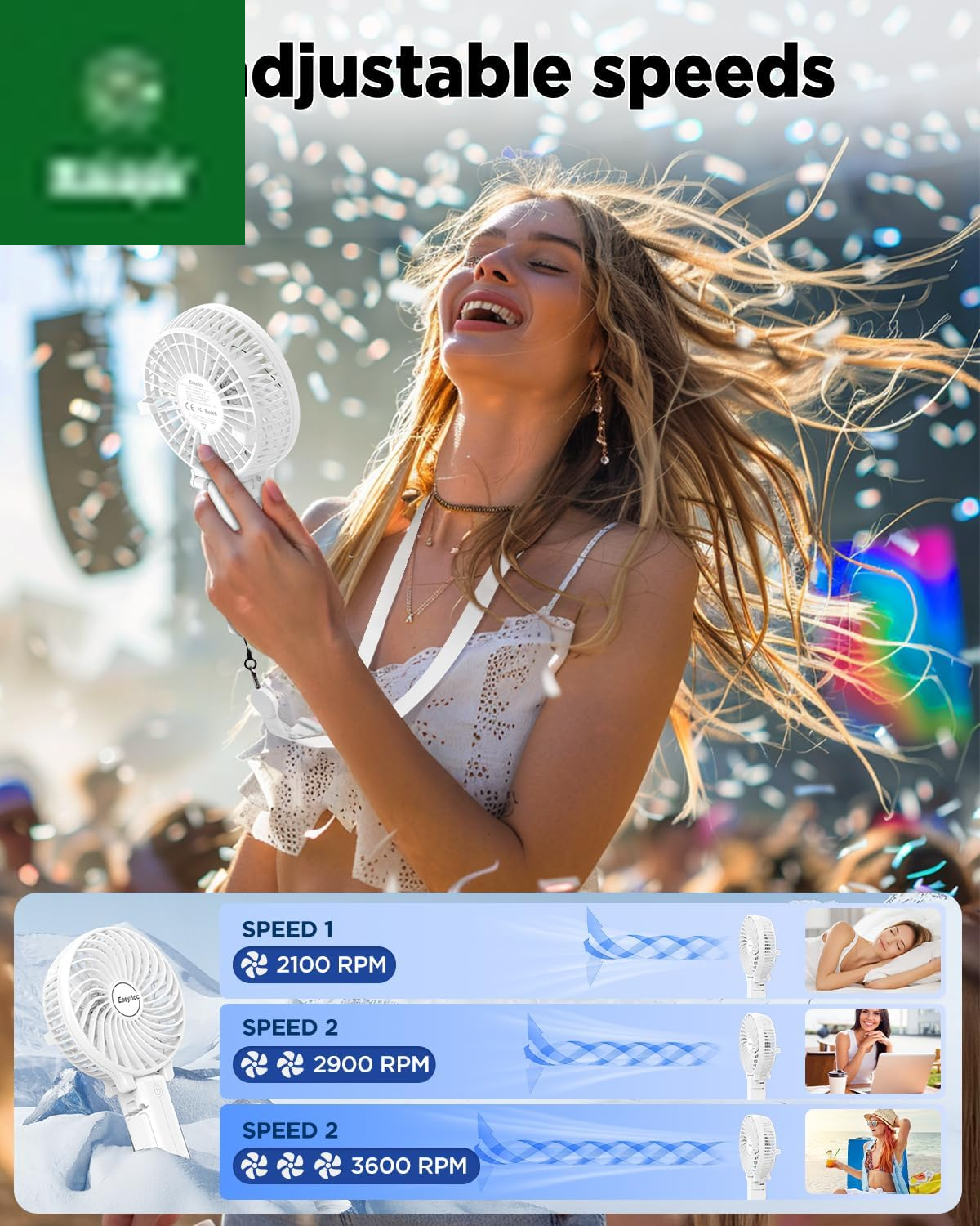 Handheld Fans [2X Crossbody Straps/2Xdiy Stickers] for Portable Fan and Phones -Up to 10H Rechargeable Foldable Hand Desktop Fan for Home and Travel - White