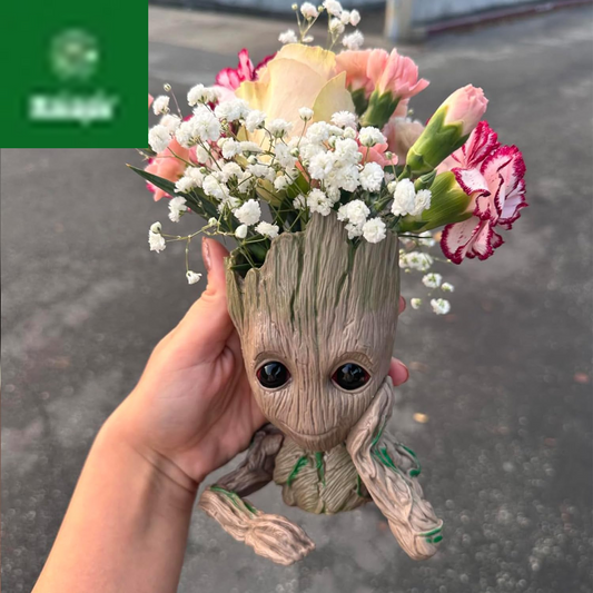 Baby Groot Pen Pot Tree Man Pens Holder or Flower Pot with Drainage Hole Perfect for a Tiny Succulents Plants 6" (Grayish Brown)