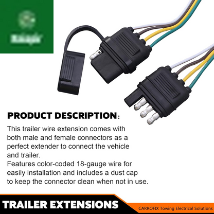 Trailer 4 Wire Plug 32" Inch 4 Pin Flat Wire Extension Male & Female Connector