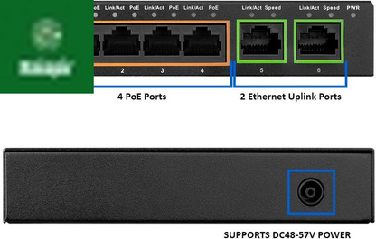 -Tech 6 Port Poe+ Switch (4 Poe+ Ports with 2 Ethernet Uplink and Extend Function) – 60W – 802.3At + 1 High Power Poe Port| Desktop Fanless Design | Plug & Play | Sturdy Metal Housing