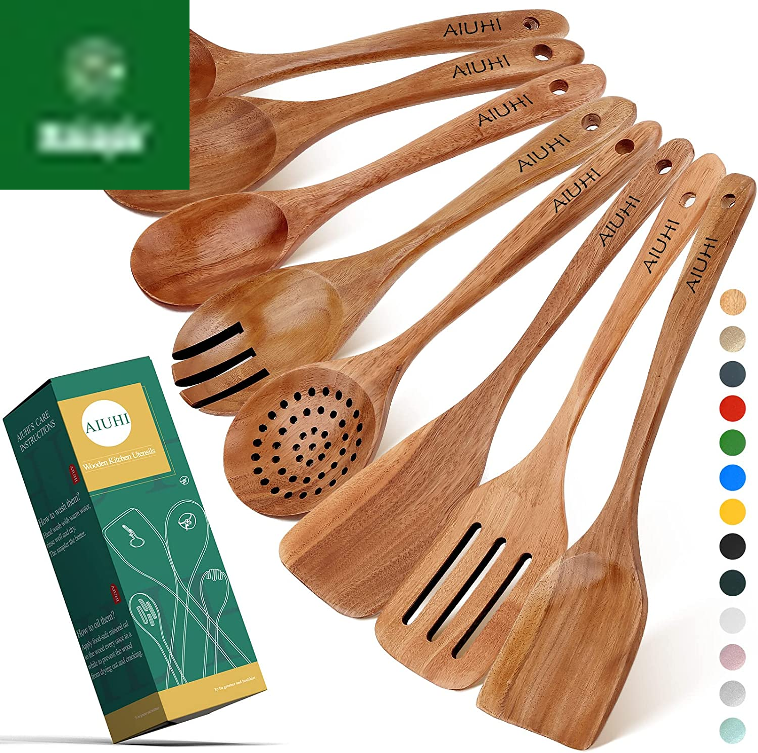 Wood Spoons for Cooking, Nonstick Kitchen Utensil Set, Wooden Spoons Cooking Utensil Set Non Scratch Natural Teak Wooden Utensils for Cooking (Teak 8 Pack)