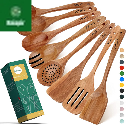 Wood Spoons for Cooking, Nonstick Kitchen Utensil Set, Wooden Spoons Cooking Utensil Set Non Scratch Natural Teak Wooden Utensils for Cooking (Teak 8 Pack)