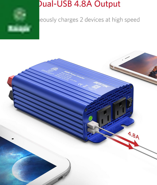 500W Power Inverter DC 12V to 110V AC Converter with 4.8A Dual USB Car Charger ETL Listed (Blue)