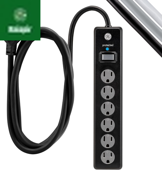6-Outlet Sur Protector, 15 Ft Extension Cord, Power Strip, 800 Joules, Flat Plug, Twist-To-Close Safety Covers, Protected Indicator Light, UL Listed, Black, 50767