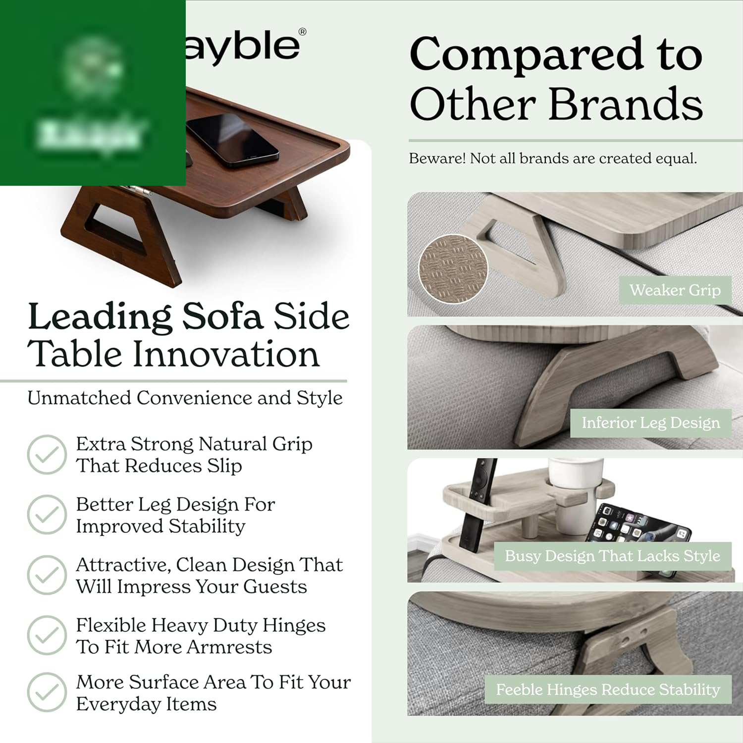 Bamboo Trayble Couch Arm Table, Clip on Tray Sofa Table for Couches. Sofa Arm Tray, Armchair Table for TV Dinners, Remotes, Drinks and Snacks - 13.75 X 9.5Inch, Brown