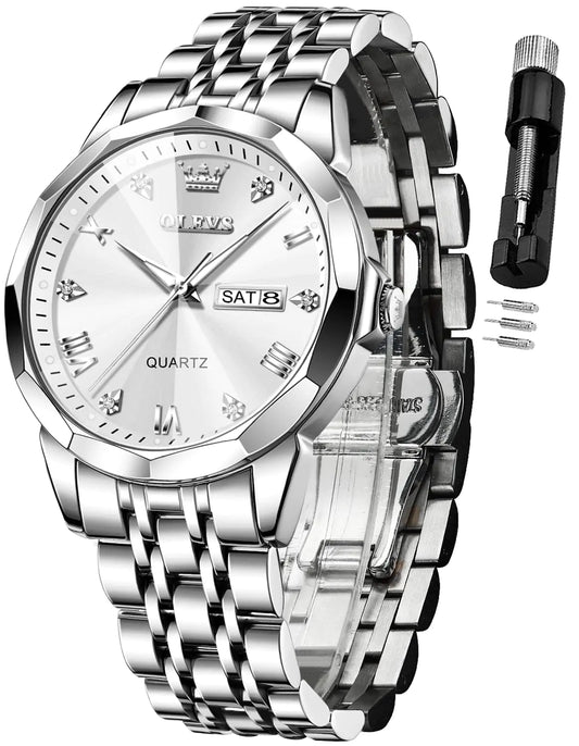 OLEVS Elegant Silver: Two-Tone Men’s Diamond Watch